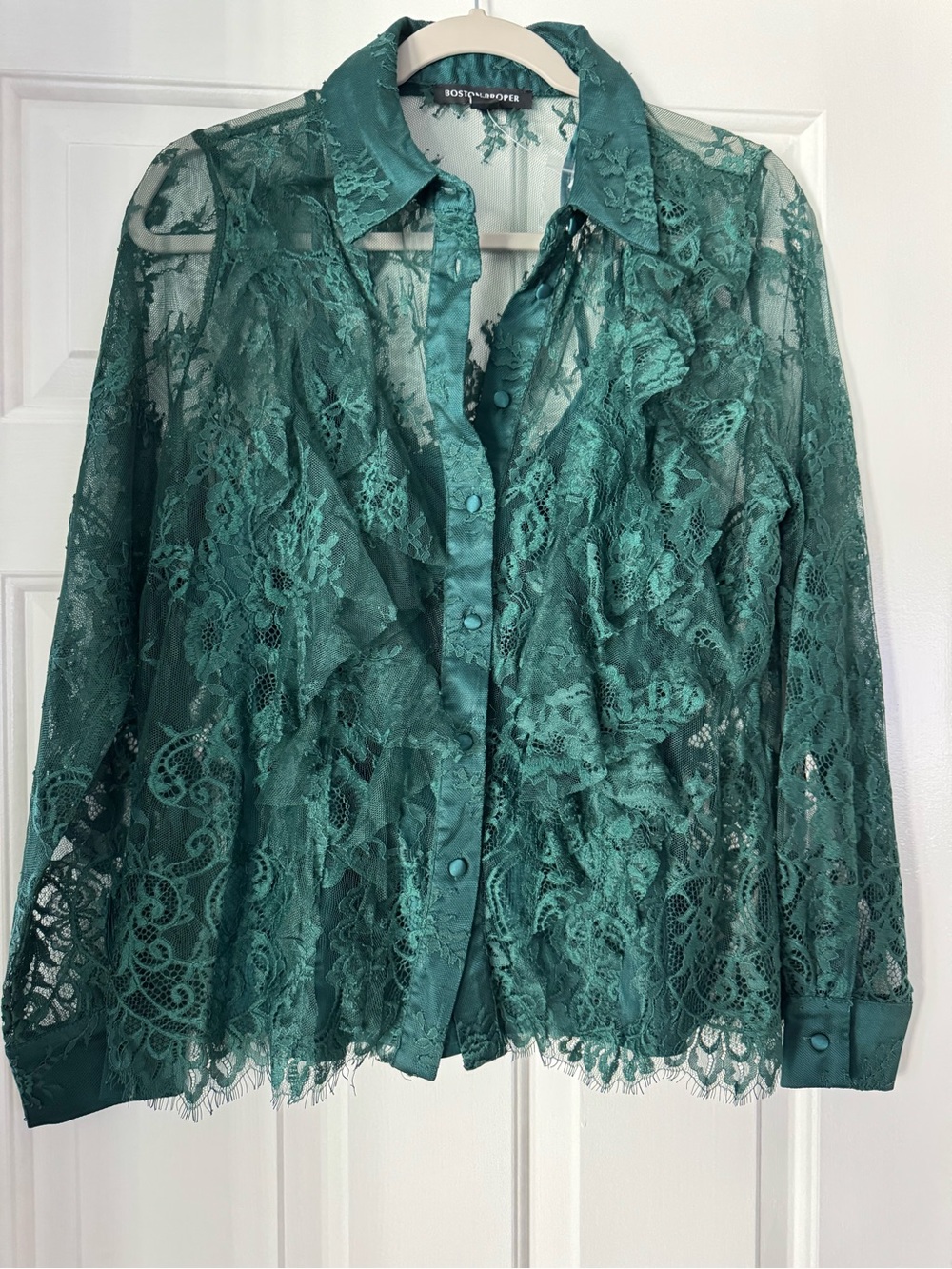 Boston Proper Emerald Green Lace Button-Down Shirt